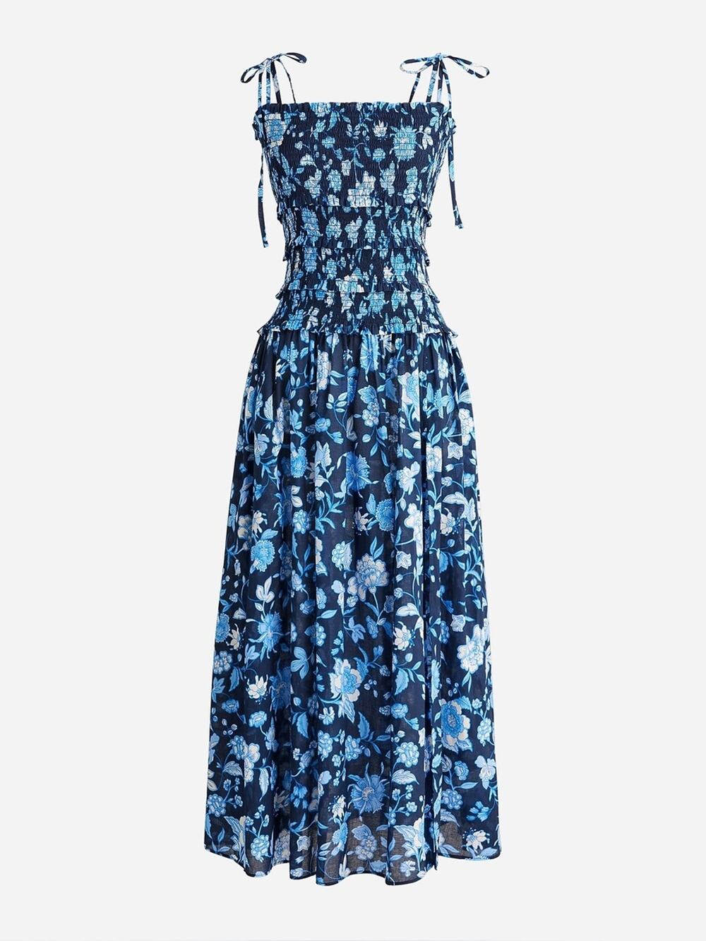 J. Crew Smocked Drop Waist Midi Dress Midnight Blue Floral Sundress Slit XS